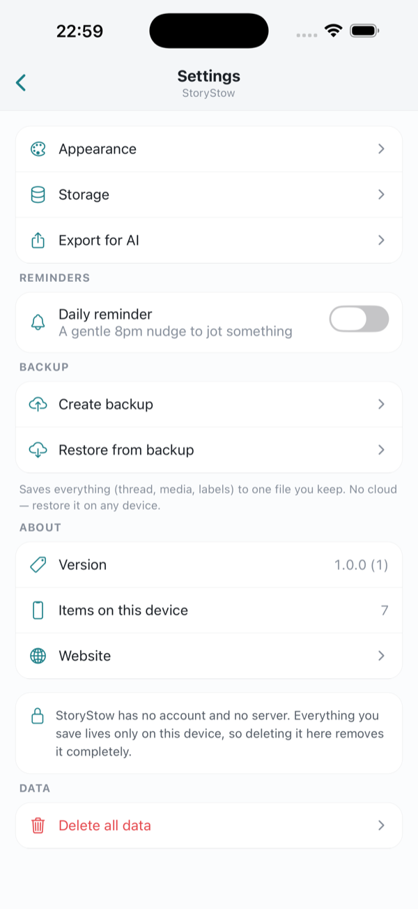 Settings screen with version and delete all data