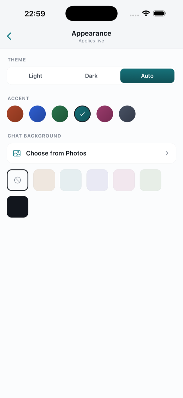 StoryStow appearance settings with six colour themes and light, dark and auto modes